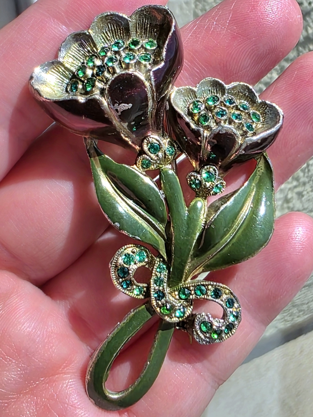 Vintage BOOK PIECE Deco Era Enamel Rhinestone Pot Metal Large Floral Brooch 3"